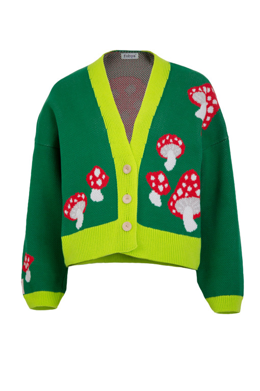 Short mushroom-themed cardigan, buttoned, colorful F1505