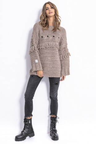 Sweter CHUNKY KNIT z frędzlami F820 mocca