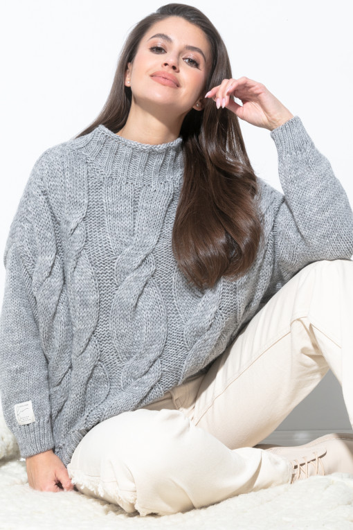 Oversized Aran pattern sweater F840 grey