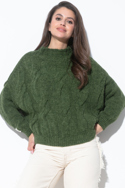 Oversized Aran pattern sweater F840 olive