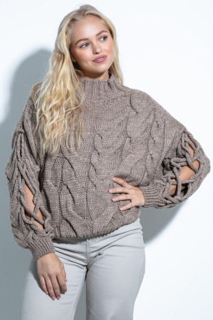 Sweter z wycięciem na rękawach F850 mocca