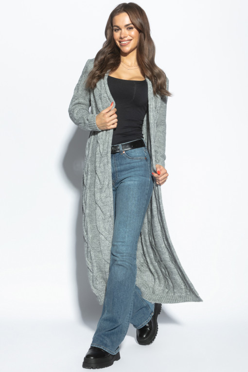 Long braided knit cardigan with hood, F1080 grey