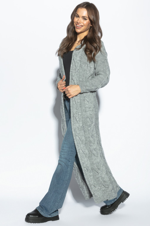 Long braided knit cardigan with hood, F1080 grey