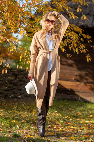 Woolen long cardigan with a belt F1116 carmel