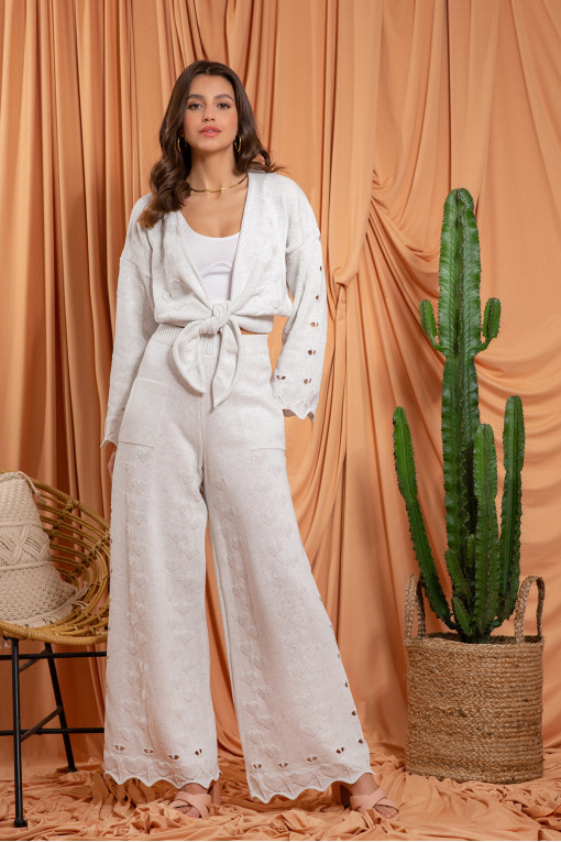 Knitted elegant summer set pants and tied sweater F1214 white