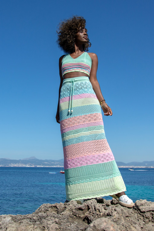 Colorful, cotton, openwork set of top and long skirt F1462 pistachio