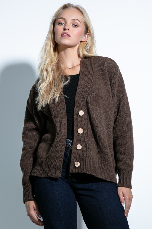 Classic, simple woolen cardigan buttoned with buttons F1710 espresso