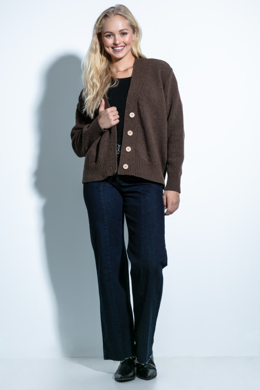 Classic, simple woolen cardigan buttoned with buttons F1710 espresso