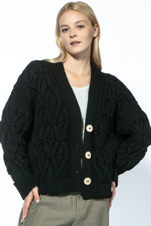 Classic Buttoned Cardigan with Cable Knit Pattern F1726 black