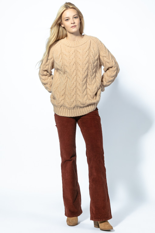 Warm sweater with a cable knit neckline F1747 carmel