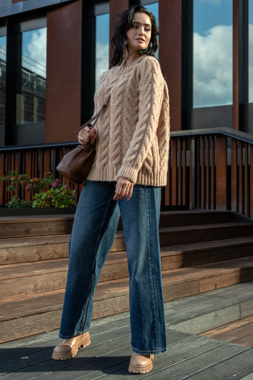 Warm sweater with a cable knit neckline F1747 carmel